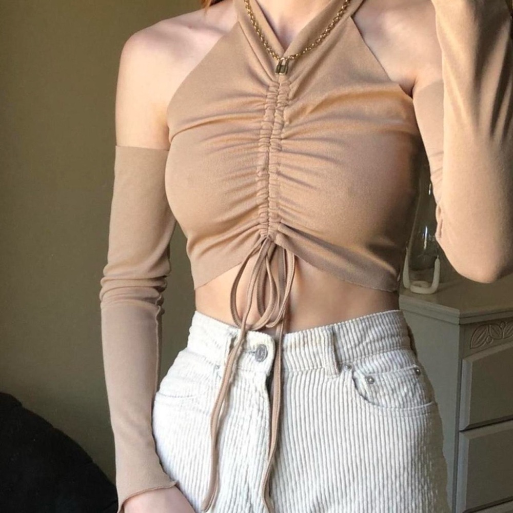 Tan / Camel Colored Cold Shoulder Long Sleeved Drawstring Detail Top